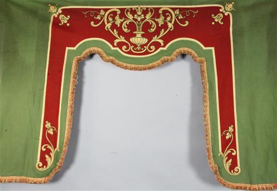 A pair of French green and red baize window lambrequins, late 19th century, width 5ft 3.5in.